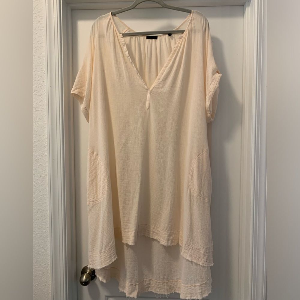 ATM Flowy Beach Cover Dress Size Small Roll Tab Sleeves Oversized 100% Cotton